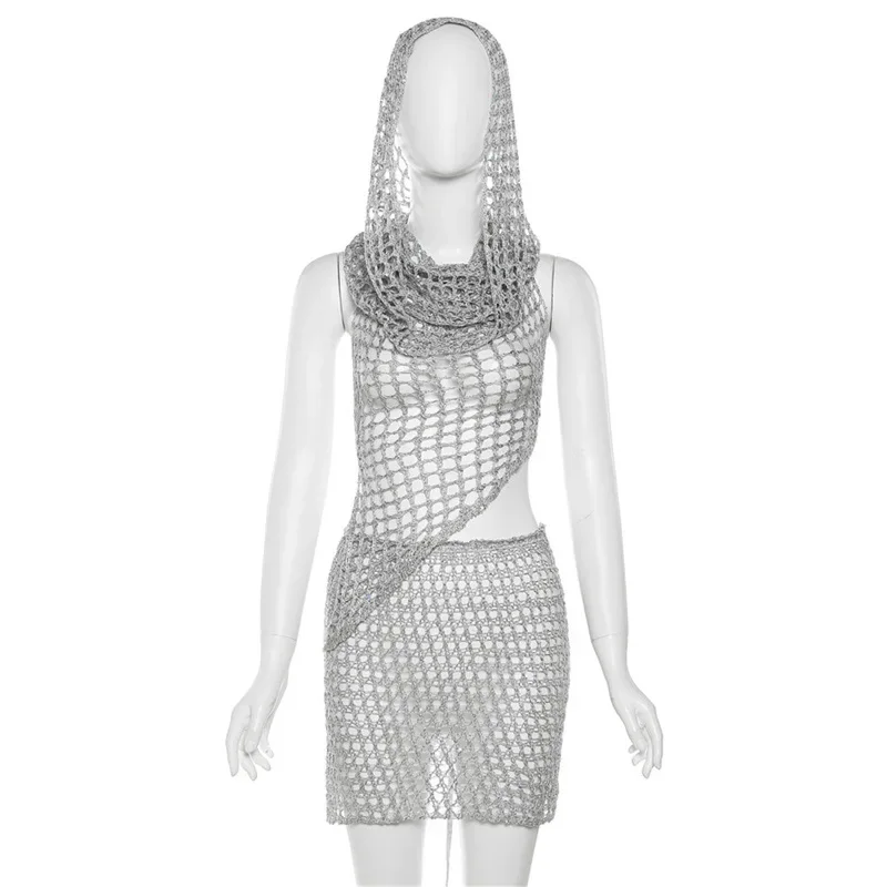 Sommer Sexy Hohl Stricken Häkeln 2 Stück Set Frauen Pailletten Mit Kapuze Backless Tank Tops + Shorts Hipster 2 Stück rock Set