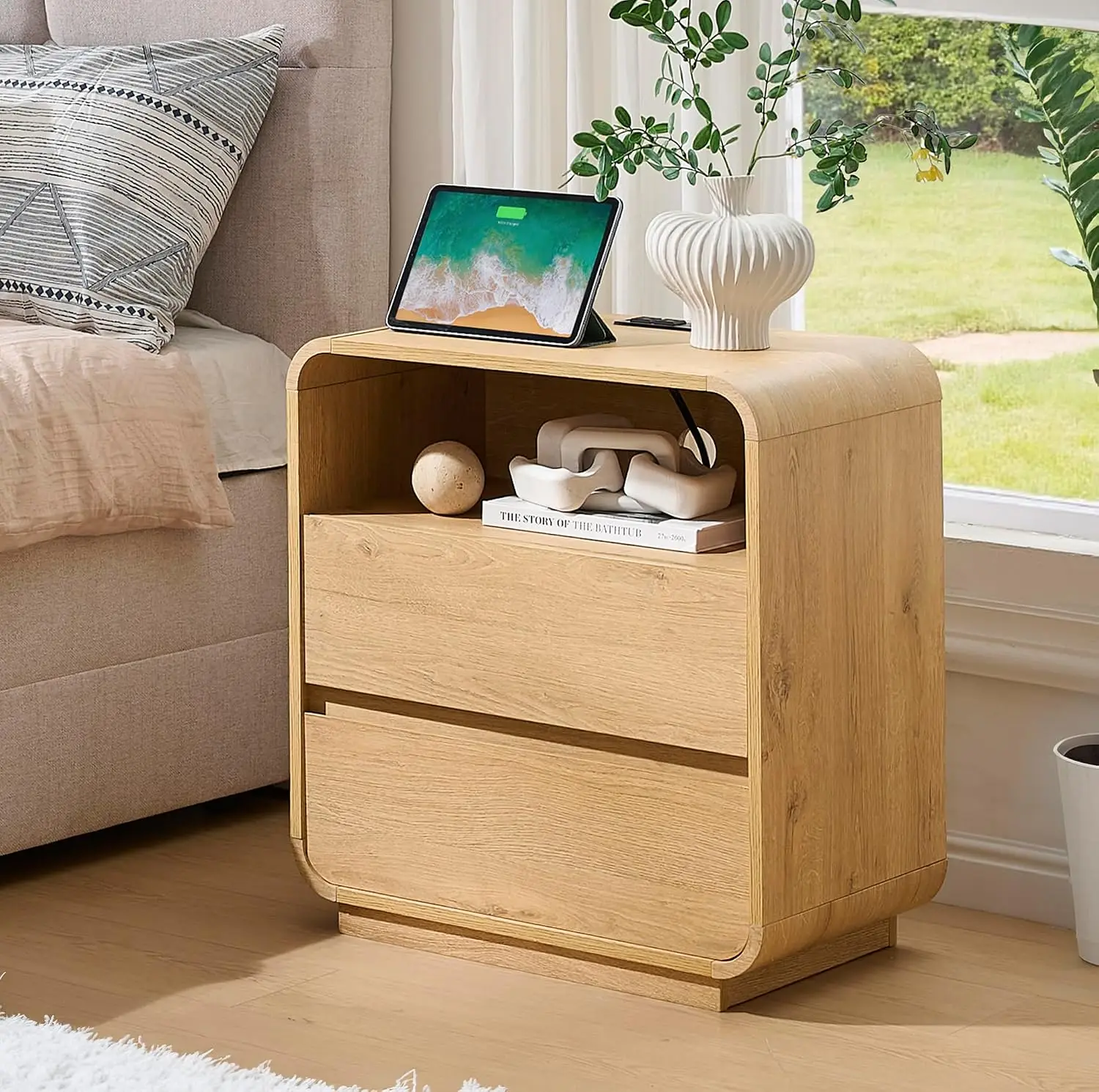 Wood Nightstand With Charging Station & 2 Drawers, Bedside Table For Bedroom Office, 25