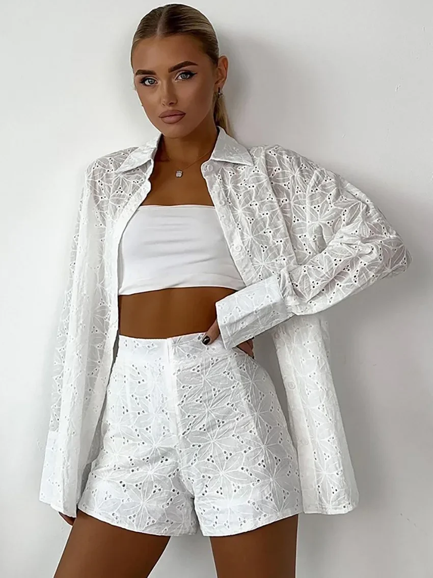 

Elegant Jacquard Woven Shorts Vacation Suits Women Perspective White Shirts High Waist Shorts 2 Pieces Sets Office