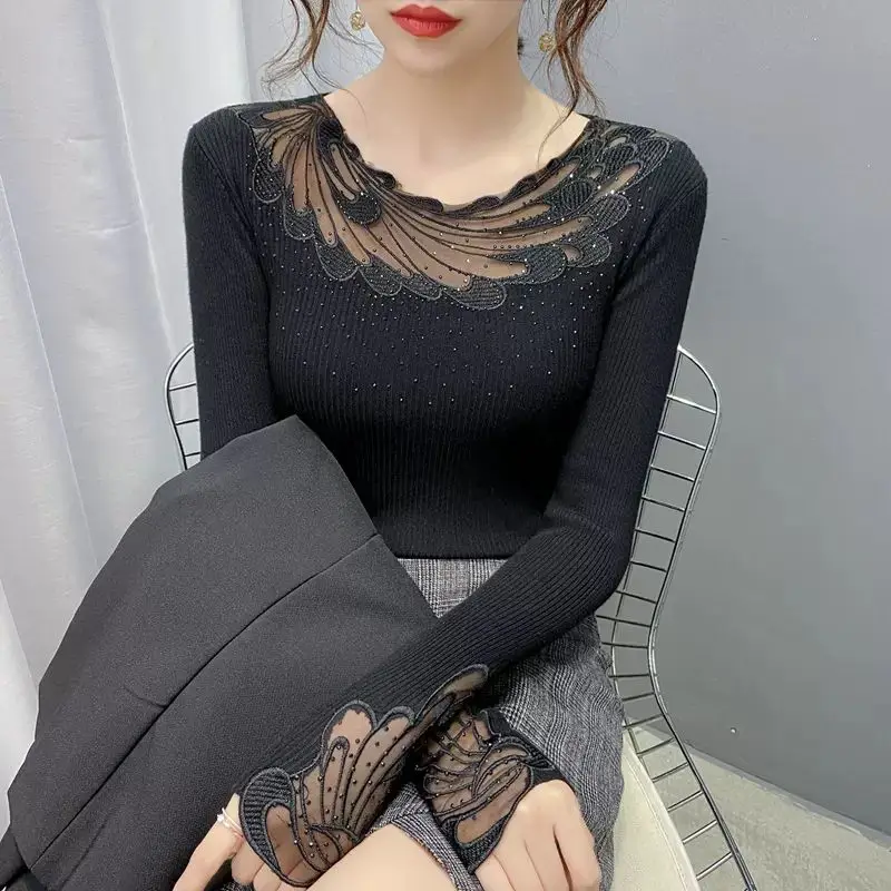 Autumn Winter New Bottoming Shirt Ladies Fashion Diamonds Knitting Pullovers Women Clothes All-match Patchwork Net Yarn Sweater