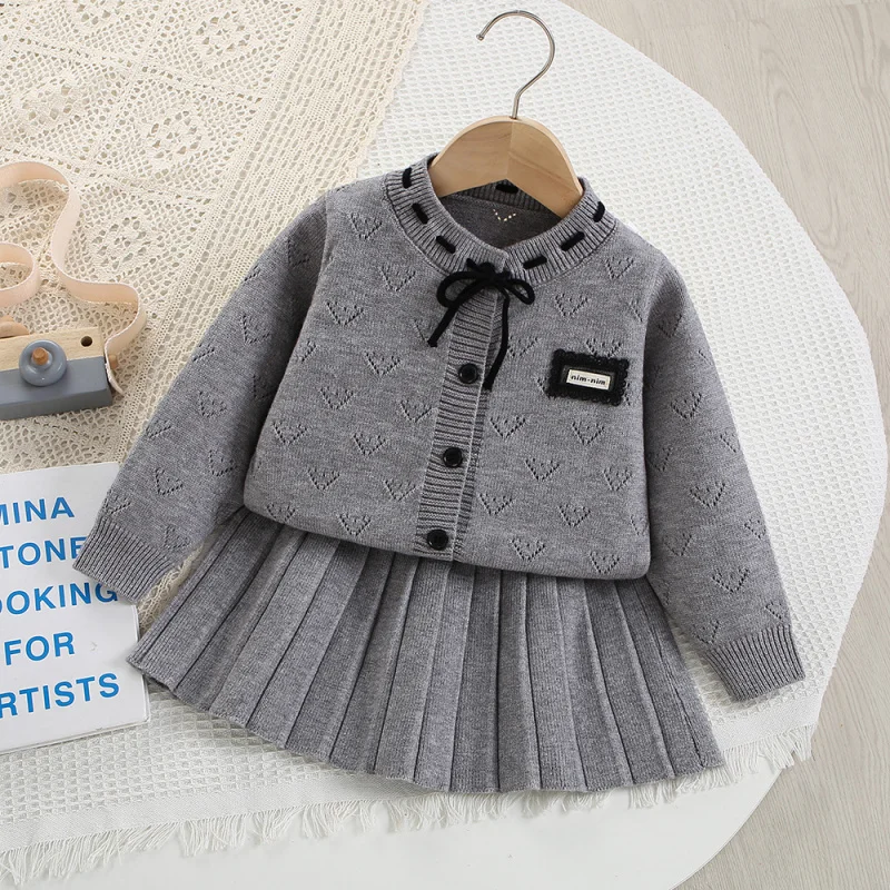 Girls Sweater Set Autumn Winter New Knitted Cardigan Stylish Baby Girl Long Sleeve Pleated Skirt Children's Two-Piece Set