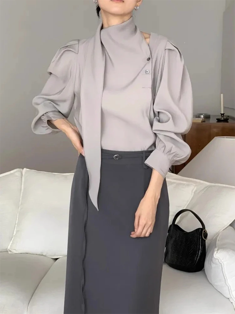 

Chic Korean Sle Women's Bubble Sve irt Ne Hanging Sa Asymmetrical Button Loose Fit Long Sve Lace Blouse