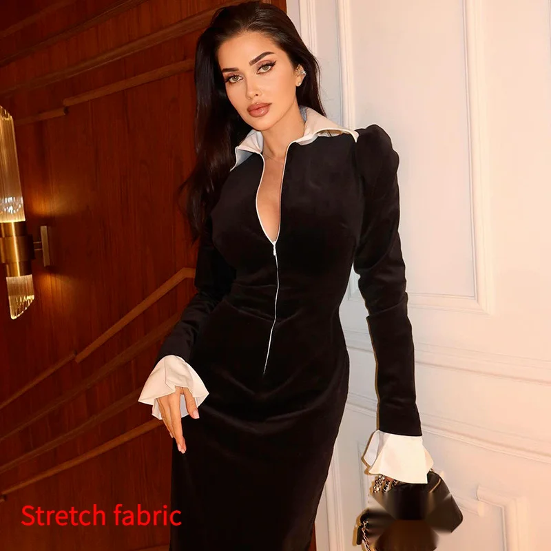 

Mar. Zipper Irregular Dress Women Velvet Polo-neck Contrast Flared Sleeve Autumn Trend Banquet Party Stretch Long Bodycon