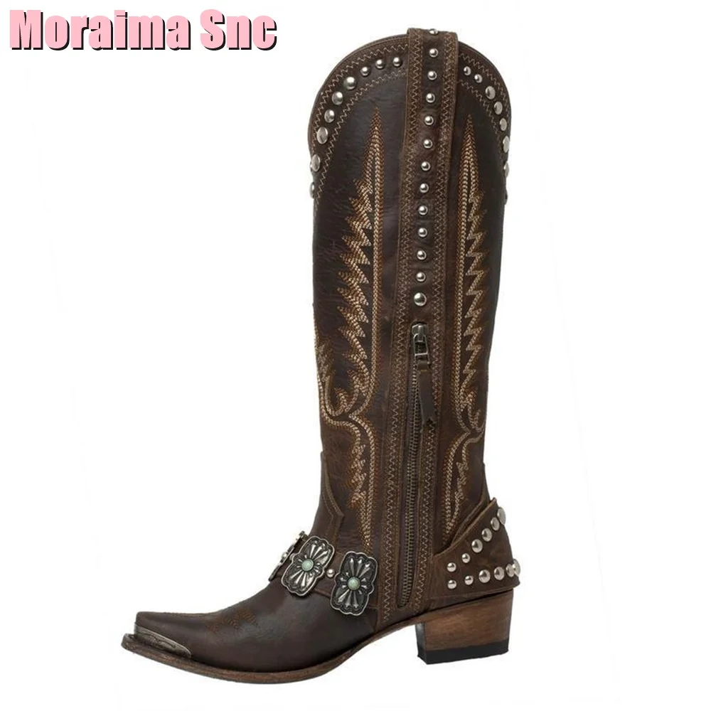 Vintage Belt Buckle Embroidery Cowboy Boots Rivet Knee High Block Mid Heel Brown Solid Women Shoes Boots Fashion Side Zipper New