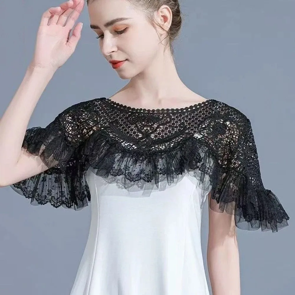

Layered Vintage Cheongsam Crochet Tippet Mesh Trim Ruffle Hollow-Out Shawl Off‑Shoulder White Shawl Cape Coat Evening Dress