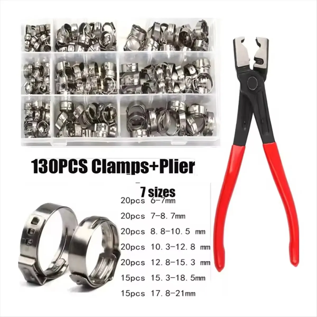 

Okay 130pcs Stainless Steel Ear Stepless Clamp Worm Drive Fuel Water Hose Pipe Clamps Clips+ 1PC Hose Clip Clamp Pliers