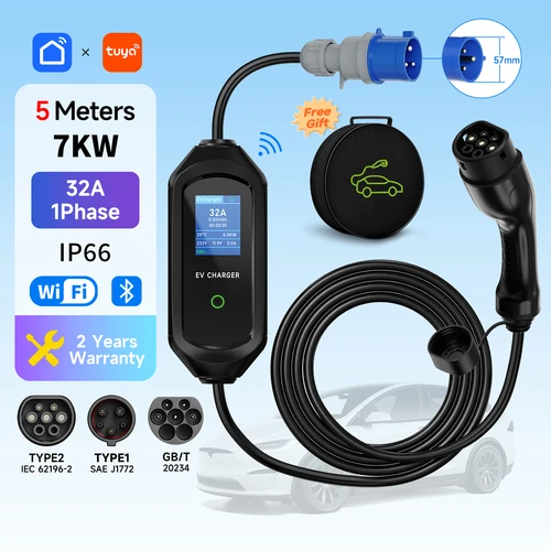 Cargador EV portátil de 7KW, 32A, 1 fase, tipo 2, cargador de coche eléctrico tipo 1/GBT EVSE, Cable de carga rápida, aplicación WiFi, Control por Bluetooth