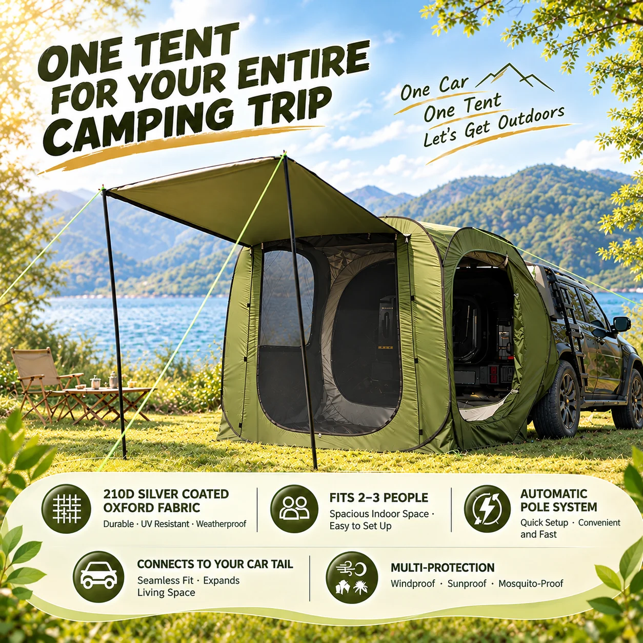 5-Person SUV Waterproof Automatic Car Tent with Pop Canopy for All Weather for Car Rear Trailer and Tailgate Use
