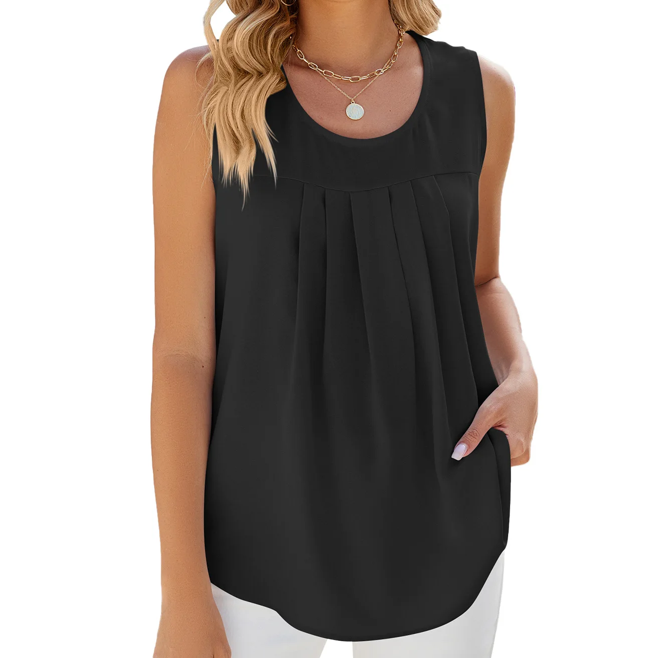 Women's Sleeveless Chiffon Tank Tops, Solid Round Neck, Summer