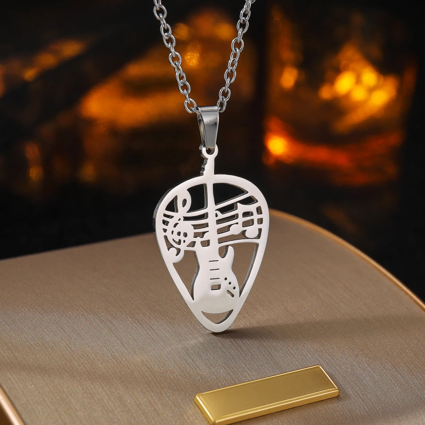 Hip Hop Guitar Pick Bass Note Necklace for Men Stainless Steel Silver Color Music Lovers Pendant Necklaces Jewelry Gift For Him