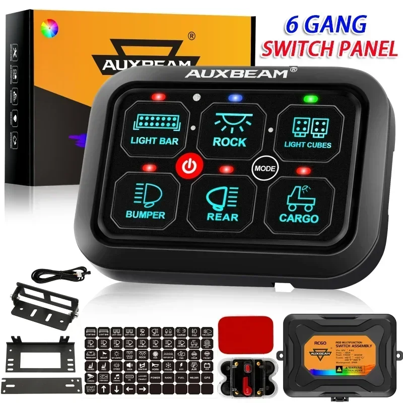 Auxbeam Universal RA60 RGB 6 Gang Switch Panel with 3 Lighting Modes (One-Sided Outlet) 60A Max Current DC 12-24V -40°C - +105°C