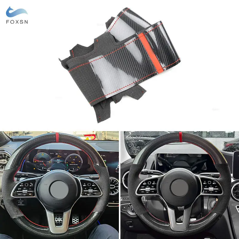 

For Mercedes Benz A C E S G Class W177 W205 W213 W222 W463 2018 2019 Car Steering Wheel Black Suede+Carbon Leather Protect Cover