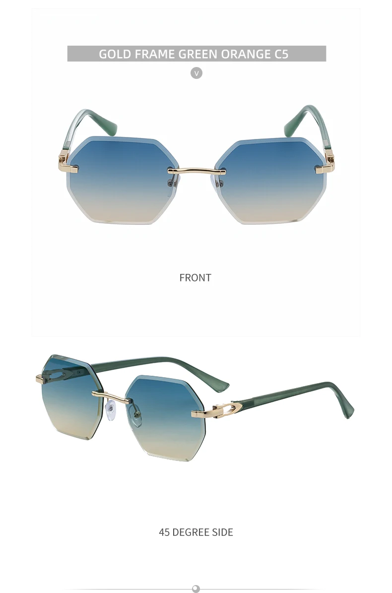 Modische randlose quadratische Sonnenbrille für Damen 2026 – Luxusmarke, sechseckiger Metallrahmen, trendige Outdoor-Sonnenbrille für Frauen – Detail 20