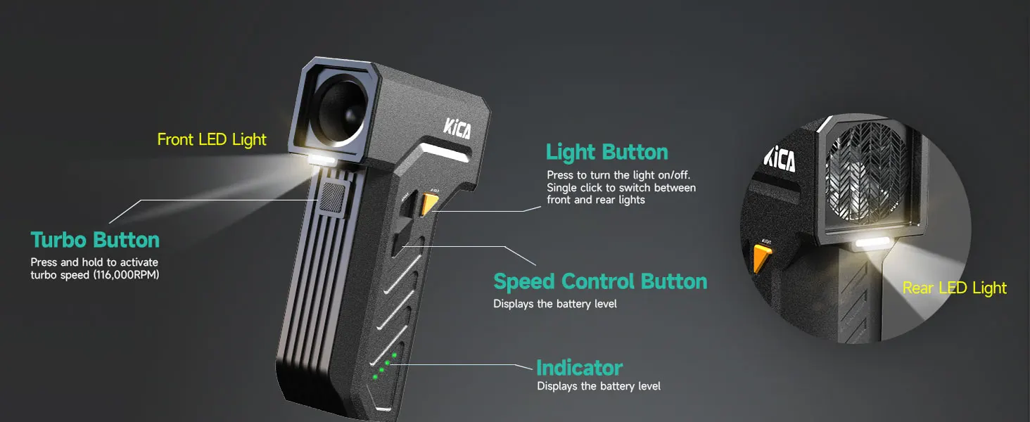 KiCA Handgehaltener Jet-Ventilator Ultra, Leistungsstarker Turbo-Elektro-Luftreiniger 48m/s Kabelloser Luftbläser, Stufenlose Geschwindigkeitsregelung für die Reinigung – Detail 2