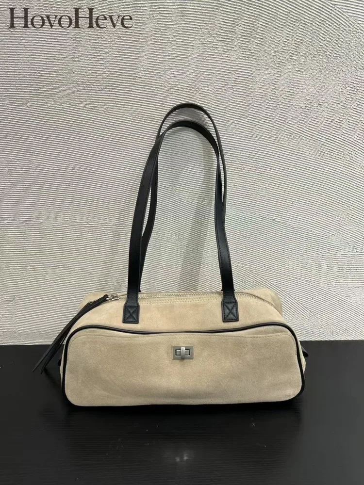 

Designer Ladies Elegant Cowskin Patchwork Suede Genuine Leather Handbag Zipper Fashion Women Office Single Shoulder Underarm Bag