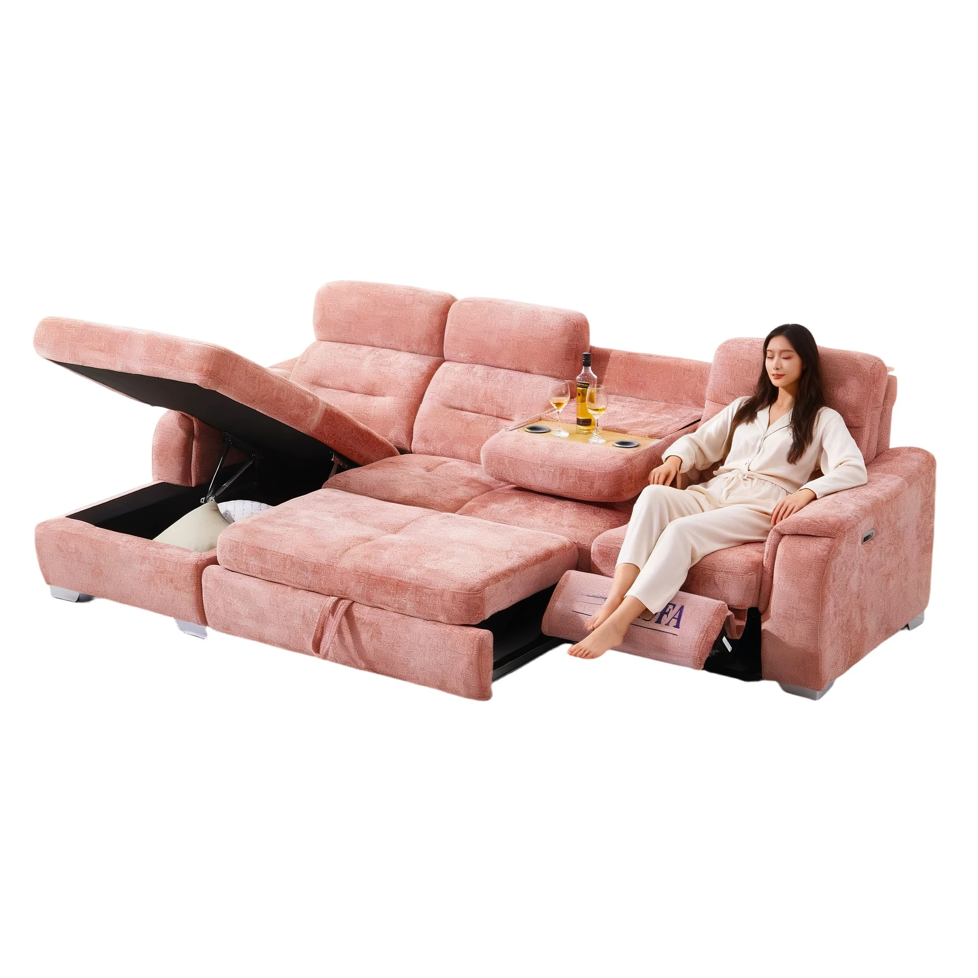 Wholesale luxury L-shaped fabric living room sofa recliner sofa set furniture with drop-down table tray recliner