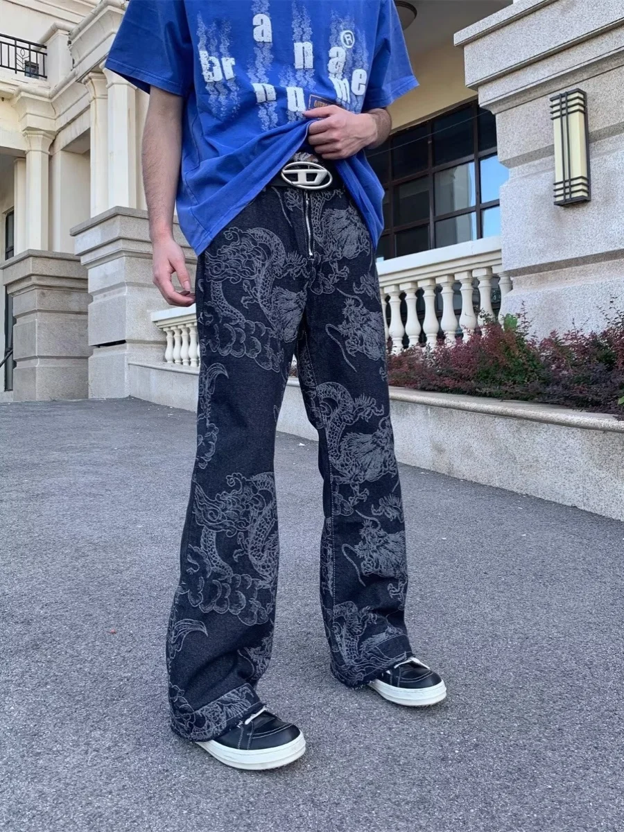 

Retro Dragon Embroidery American High Street Sle Straight Leg Jeans Men's Women's Hip Hop Streetwear Casual Long Trousers