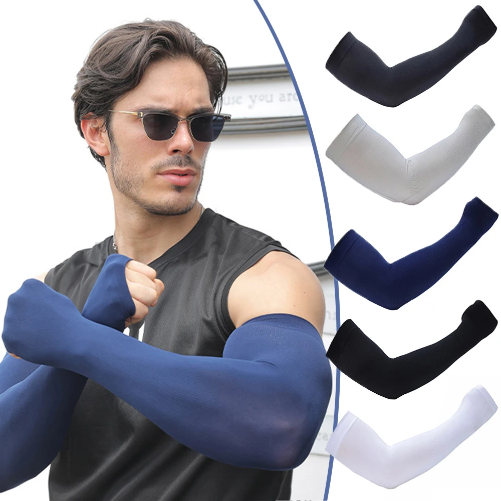 Mangas de protección solar de seda de hielo para hombre, guantes de protección UV de talla grande, calentador de brazos de secado rápido, 1 par