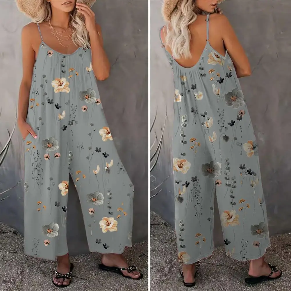 Women Printed Jumpsuit Floral Print Spaghetti Strap Jumpsuit with Side Pockets Sleeveless Wide Leg Vacation Beach Romper