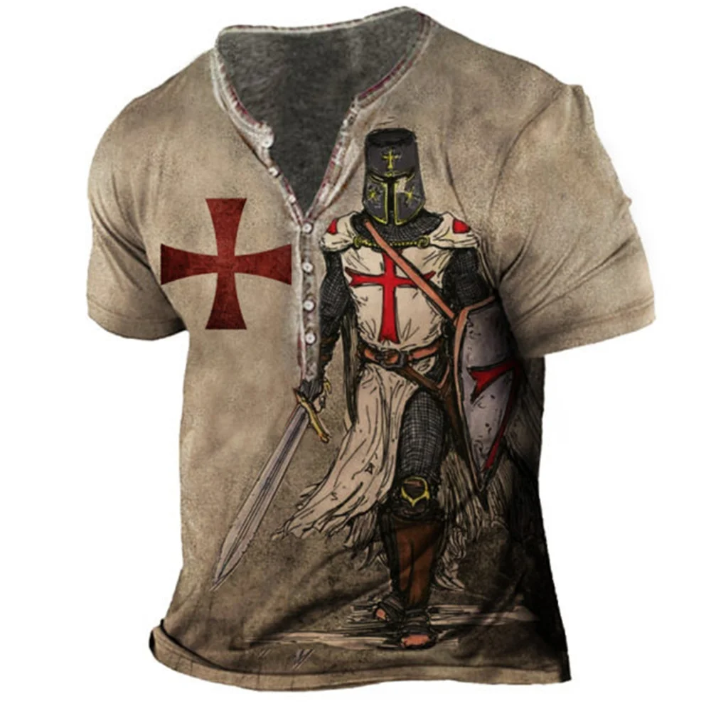 Vintage T-Shirt For Men 3D Knight Print Henley Shirt V-Neck Cotton Short Sleeve Oversized Tops Tee Shirt Men Clothing Streetwear