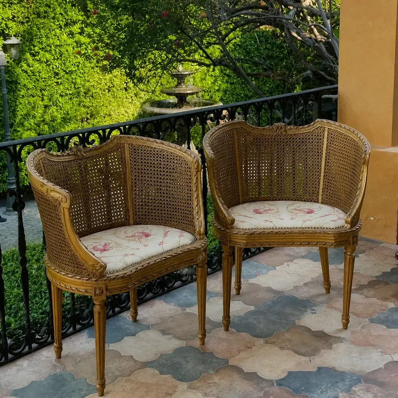 American Solid Wood Gold Vintage Single Sofa Rattan Retro Casual Armchair Studio Chair Makeup Chair