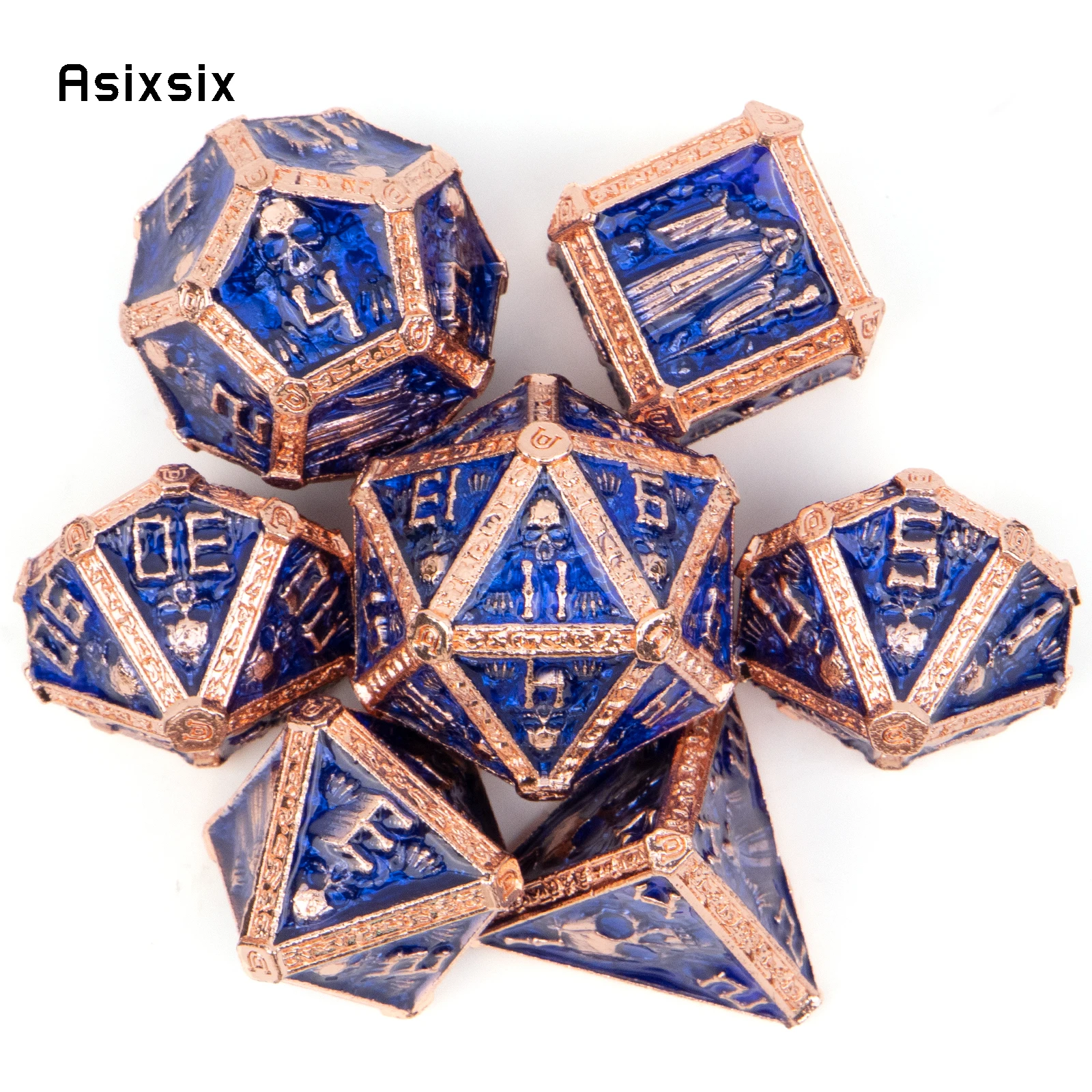 7 Pcs Blue Golden Skull Metal Dice Solid Metal Polyhedral Dice Set Suitable for Role-Playing RPG  Board Game Card Game