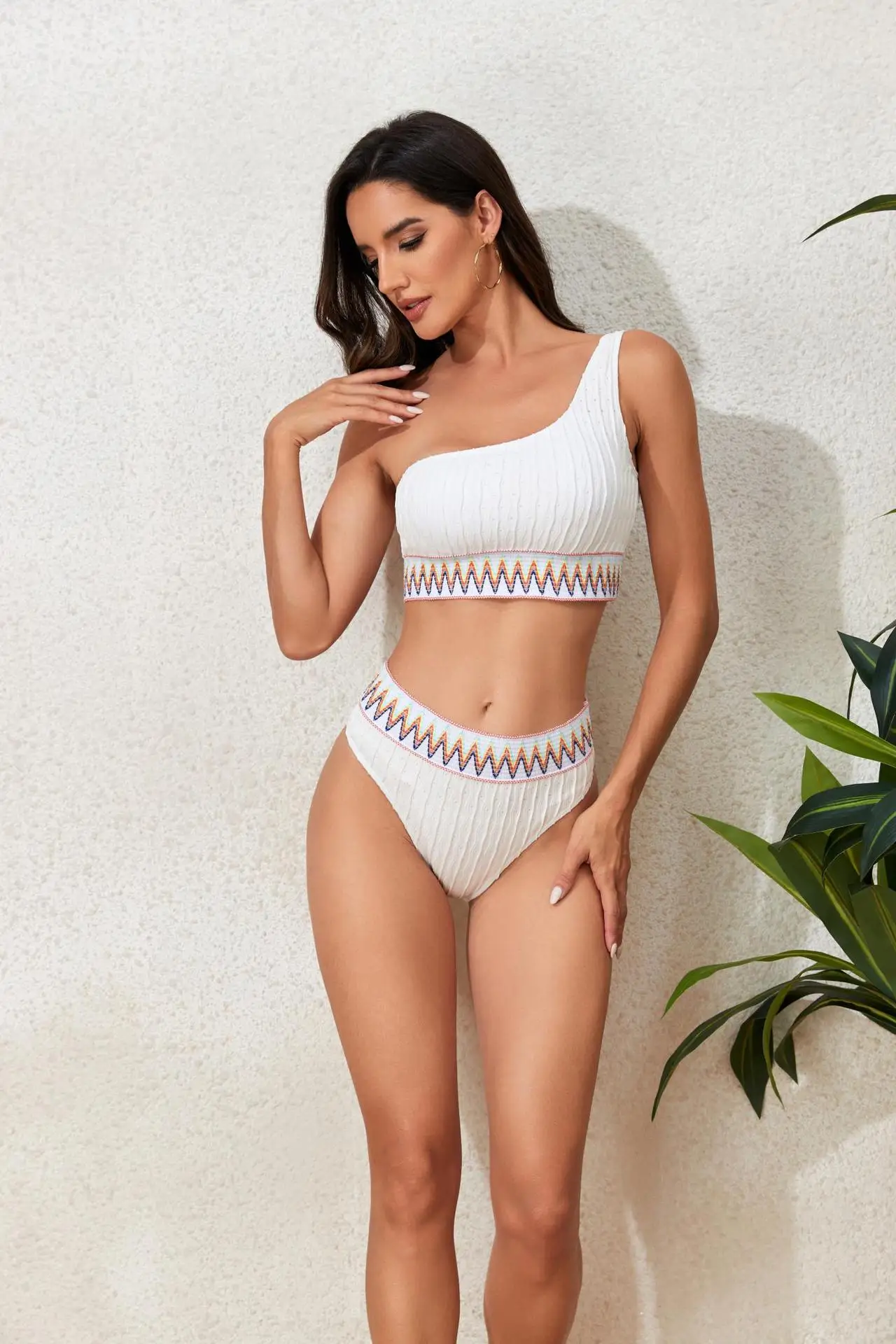 2025 Summer New Sexy One Shoulder Women Split Bikini Simple Solid Color Female Swimsuit Two-piece Sets