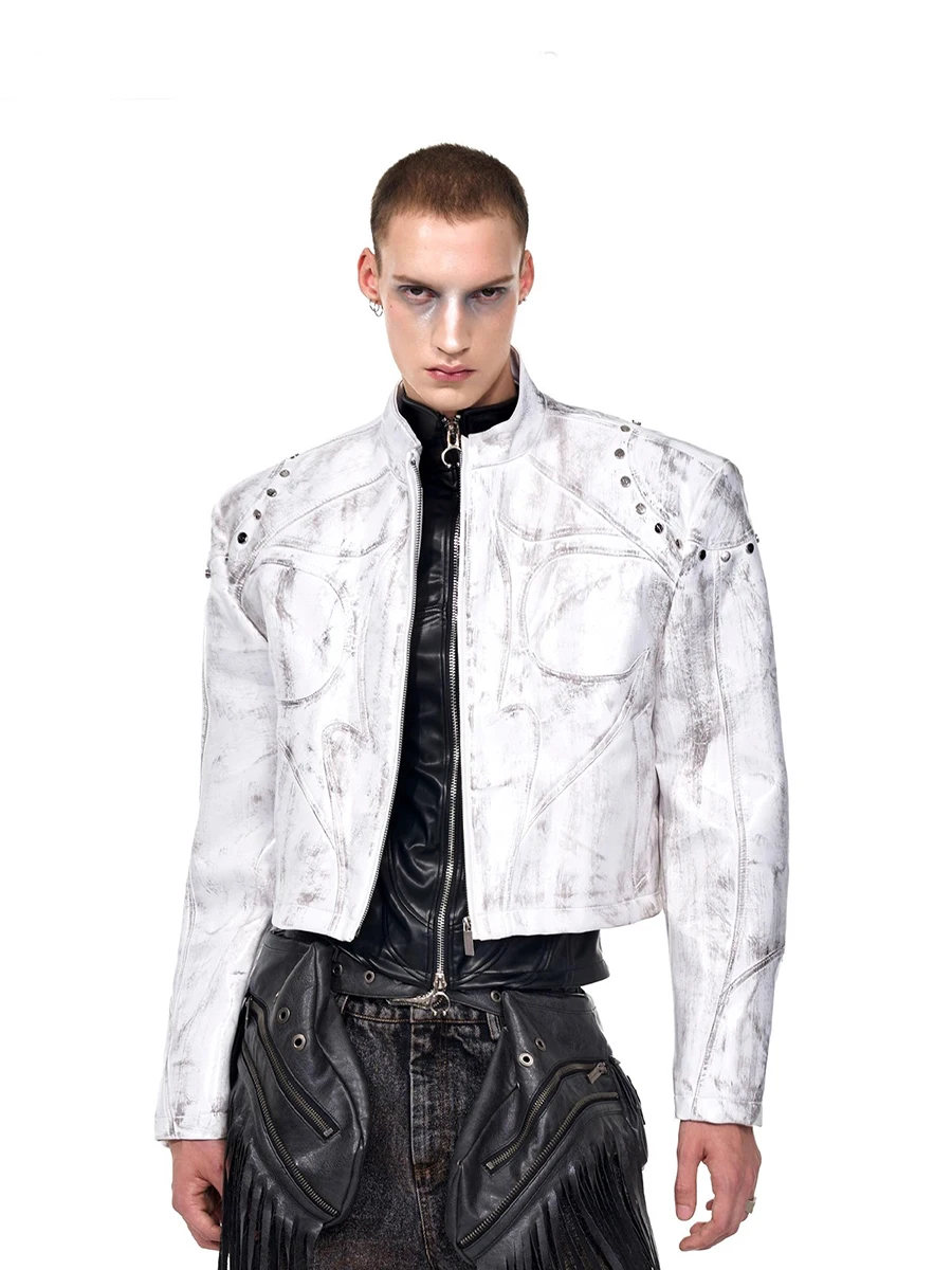 

Mauroicardi Autumn Cool Short Distressed Pu Leather Racer Jacket Men Shoulder Pads Luxury Designer European Fashion Clothes 2025