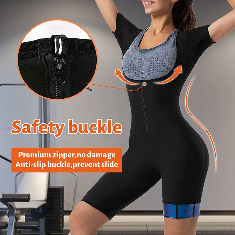 Women 3-In-1 Sauna Sweat Shirt Weight Loss Body Shaper Vest Hot Top Jumpsuit with Armpit and Crotch Breathable Mesh Sauna Suit