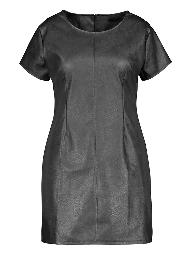 Black Matte Faux Leather Women Mini Dresses Ladies Casual Short Sleeve Splicing Stretch PU Dress Party Summer Chic Loose Dress