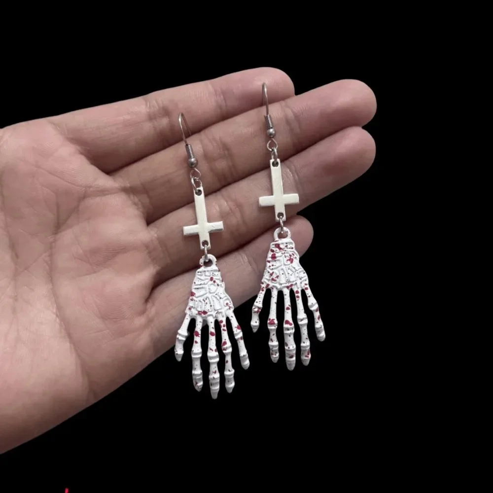 Gothic Black Rose Flower Inverted Cross Blood-stained Hands Dangle Earrings for Women Halloween Party Demon Style Jewelry Gifts