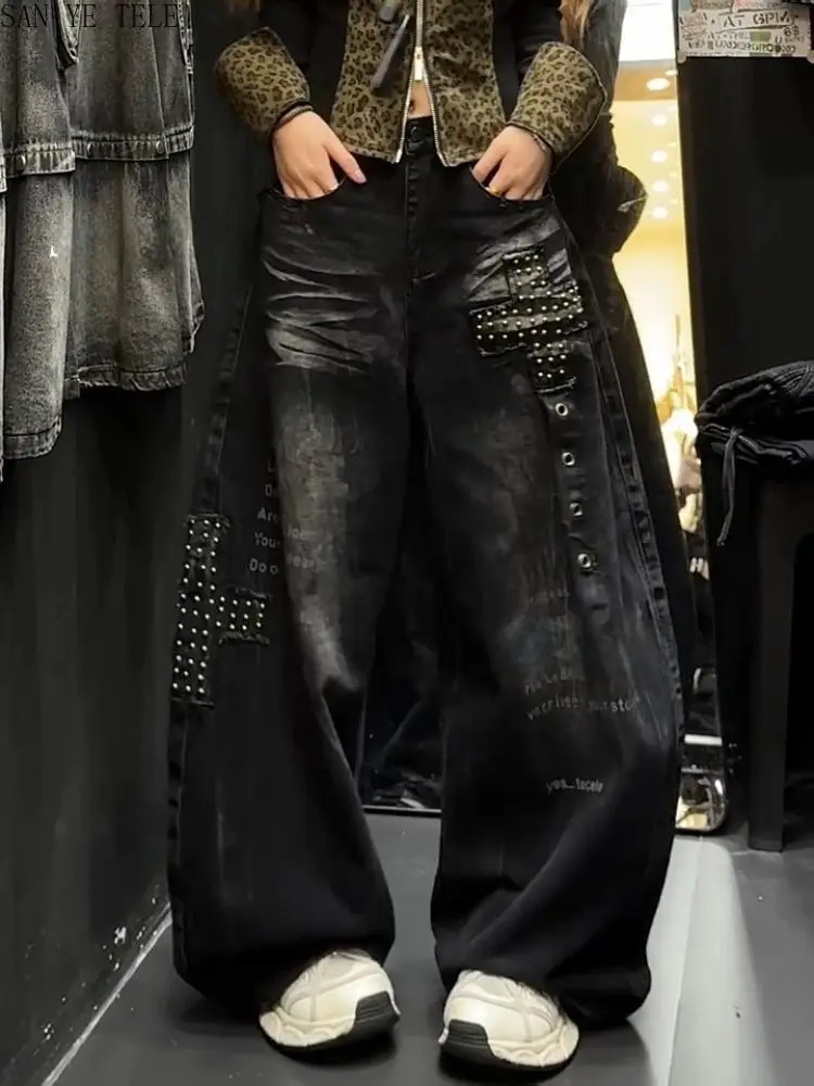 

Black Retro Rivet Print Loose Jeans Women/men Y2K Street Design Slimming Wide Leg Pants Trend Casual Low Waist Trousers