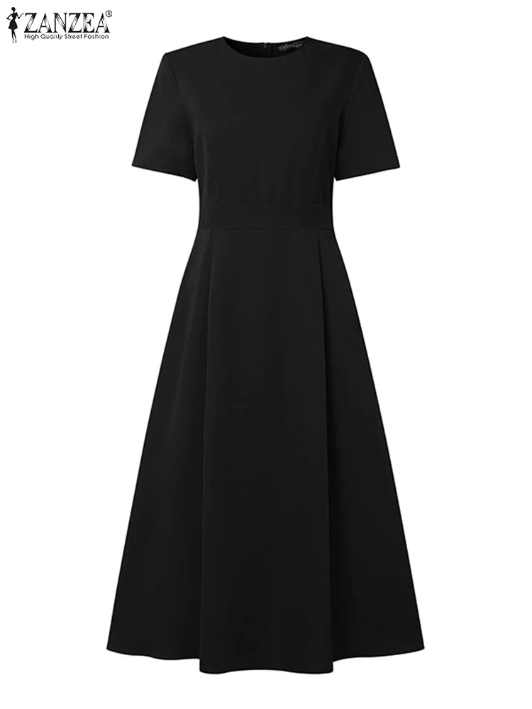 ZANZEA 플러스 사이즈 드레스 우아한 파티 여성 여름 짧은 소매 솔리드 Sundress 허리 이브닝 롱 베스 티드 캐주얼 가운 5XL