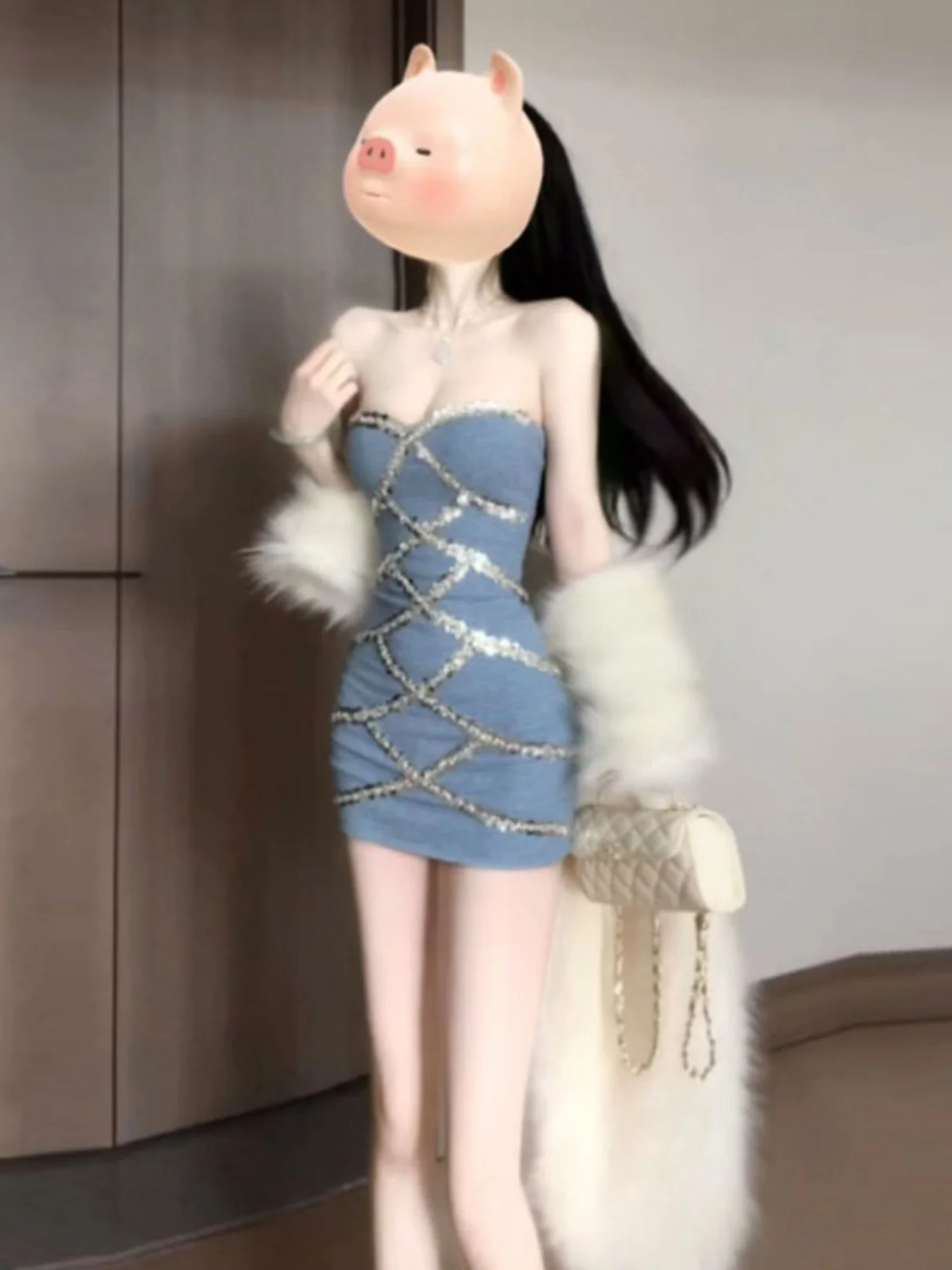 

Sexy Pure Desire Shoulder Bared Sequin Tight Bodycon Dress for Date Short Skirt Early Summer Polyester Fiber mid Stretch
