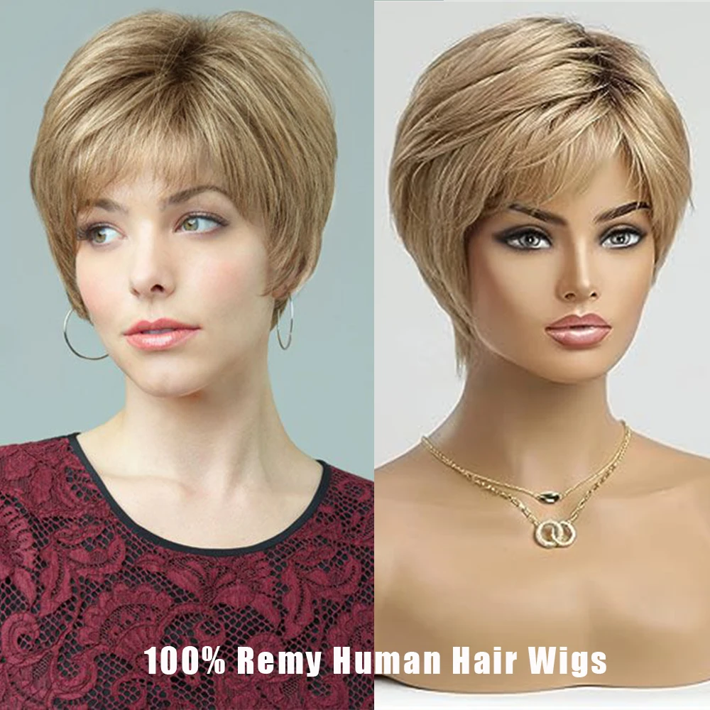 Blonde Human Hair Wigs Dark Root Short Pixie Cut Bob Wigs Machine Made Remy Human Hair Wig for White Women Daily Heat Resistant