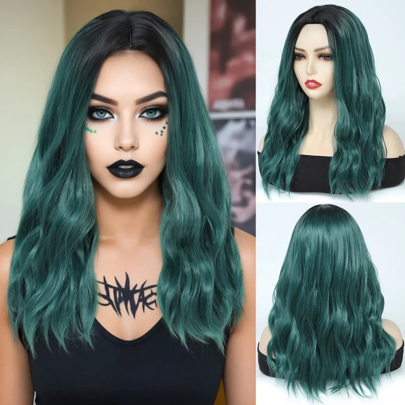 European and American women's middle-parted long curly hair wig with highlights, synthetic fiber, full head cover, fashionable g