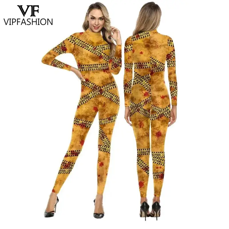 

VIP FASHION Halloween Cosplay Costume Woman Funny Party Outfit Scary Caution Printed Jumpsuit Sexy Zentai Bodysuit Show Clothes