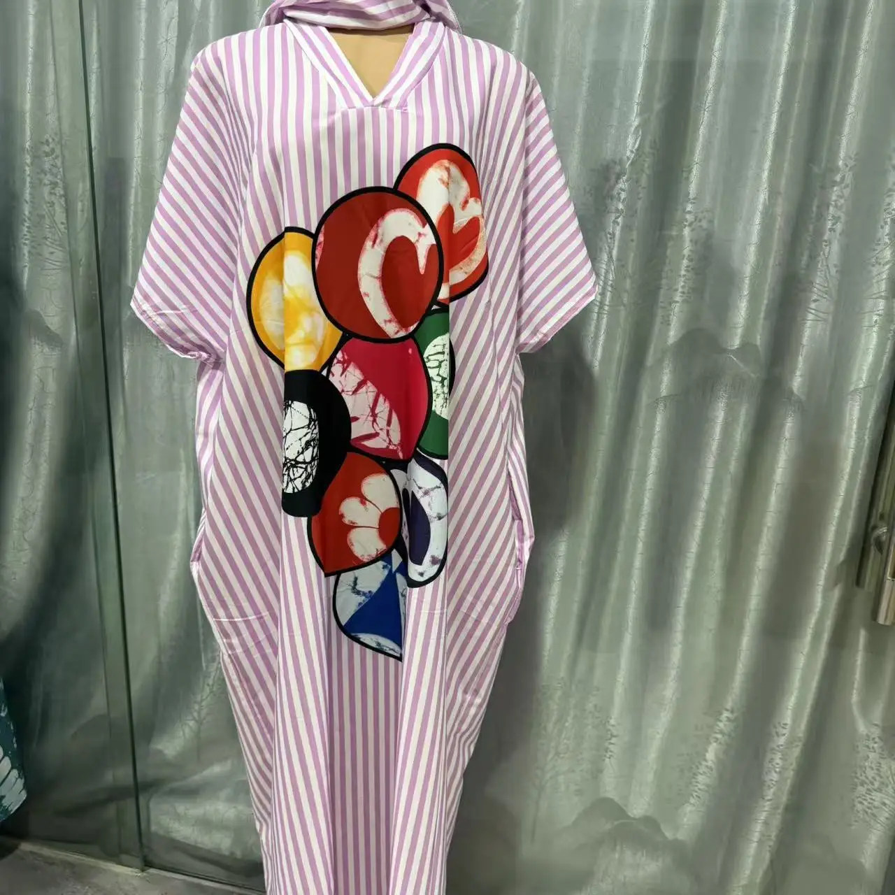 婦人服-2026-秋の新作スタイル甘くて新鮮なストライプ-v-ネックバットスリーブゆったりとした大きいサイズのドレスロングドレス