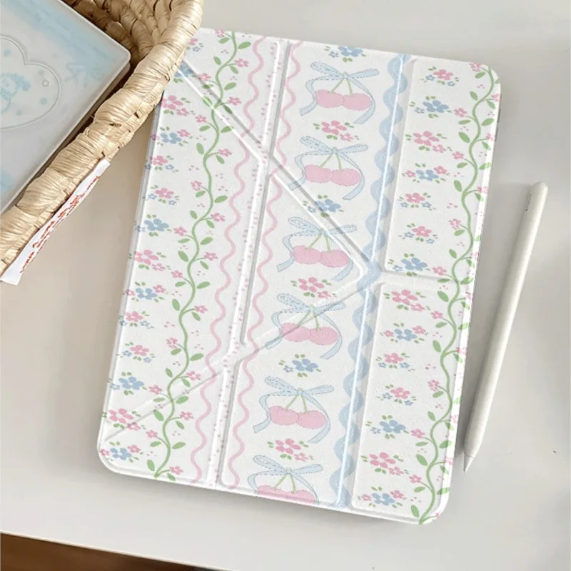 

INS Korean Kawaii Cherry Floral Tablet Case With Pencil Slot For Honor X8A X9 X8Pro/10Pro/V9 11/11.5Inch Anti-drop Stand Cover