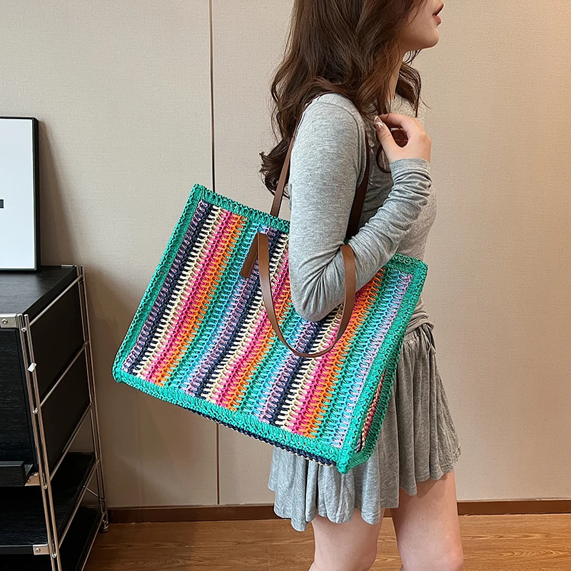 LEFTSIDE Stripe Big Straw Tote Bags for Women 2024 Y2k Fashion Summer Shoulder Bags Handbags and Purses Weave Beach Bag