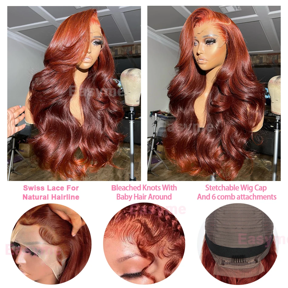 Perruque Body Wave Brésilienne Naturelle Cheveux Humains, Brun Rousse, Couleur Rouge Foncé, Dentelle Transparente, 13x4, 13x6, pour Femme