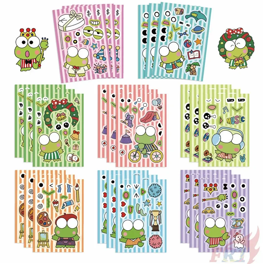 8/16Sheets Sanrio Puzzle Keroppi Frog Funny Cute Children DIY PVC Sticker Make Face Anime Assemble Stickers Kids Game Toyl Gift