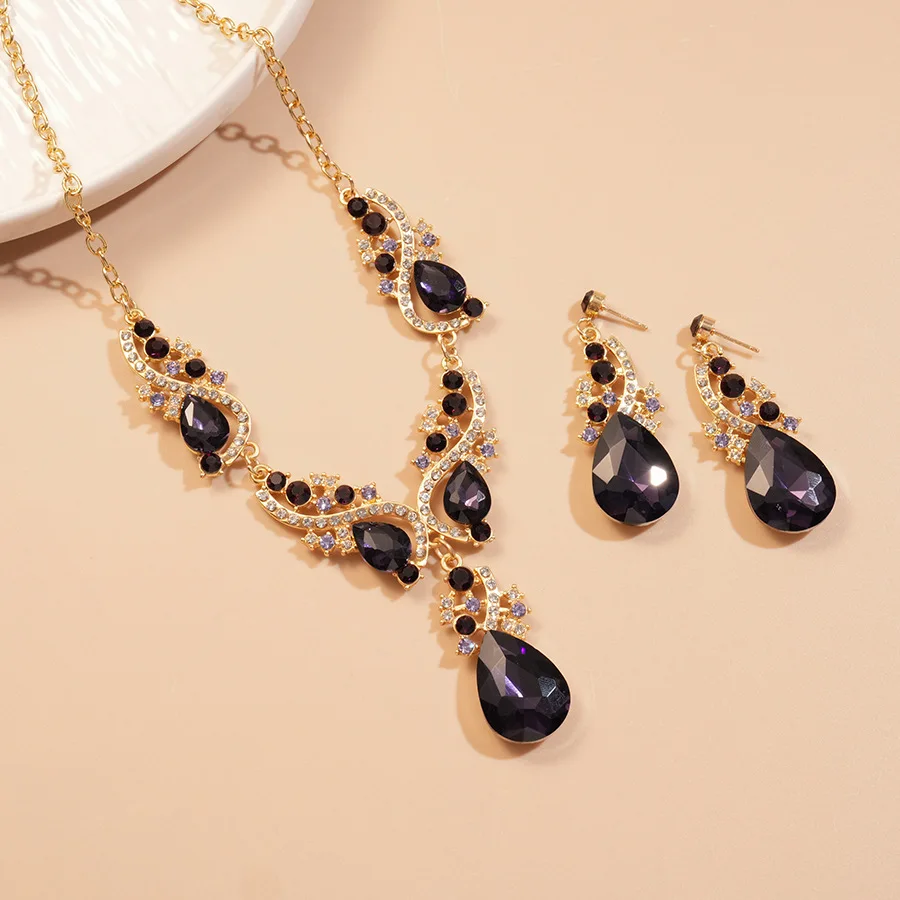 

3 Pcs Inlaid Purple Rhinestone Water Drop Necklace Earring Jewelry Sets for Women New Trendy Party Wedding Bride Accessories