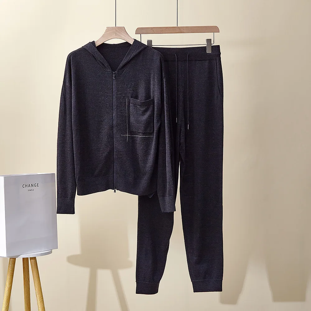 بدلة نسائية غير رسمية جديدة للربيع والصيف مع قلنسوة وبنطلون من الصوف الحريري المطرز مكون من قطعتين