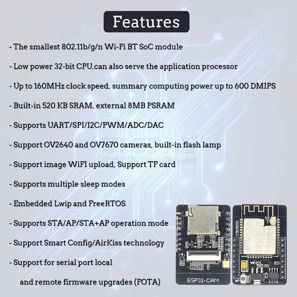 Schede di sviluppo CAM ESP32 per modulo WiFi BT Auduino da 2,4 GHz con kit di download Micro CH340 8 MB PSRAM ESP 32 DIP-16 ESP32-S