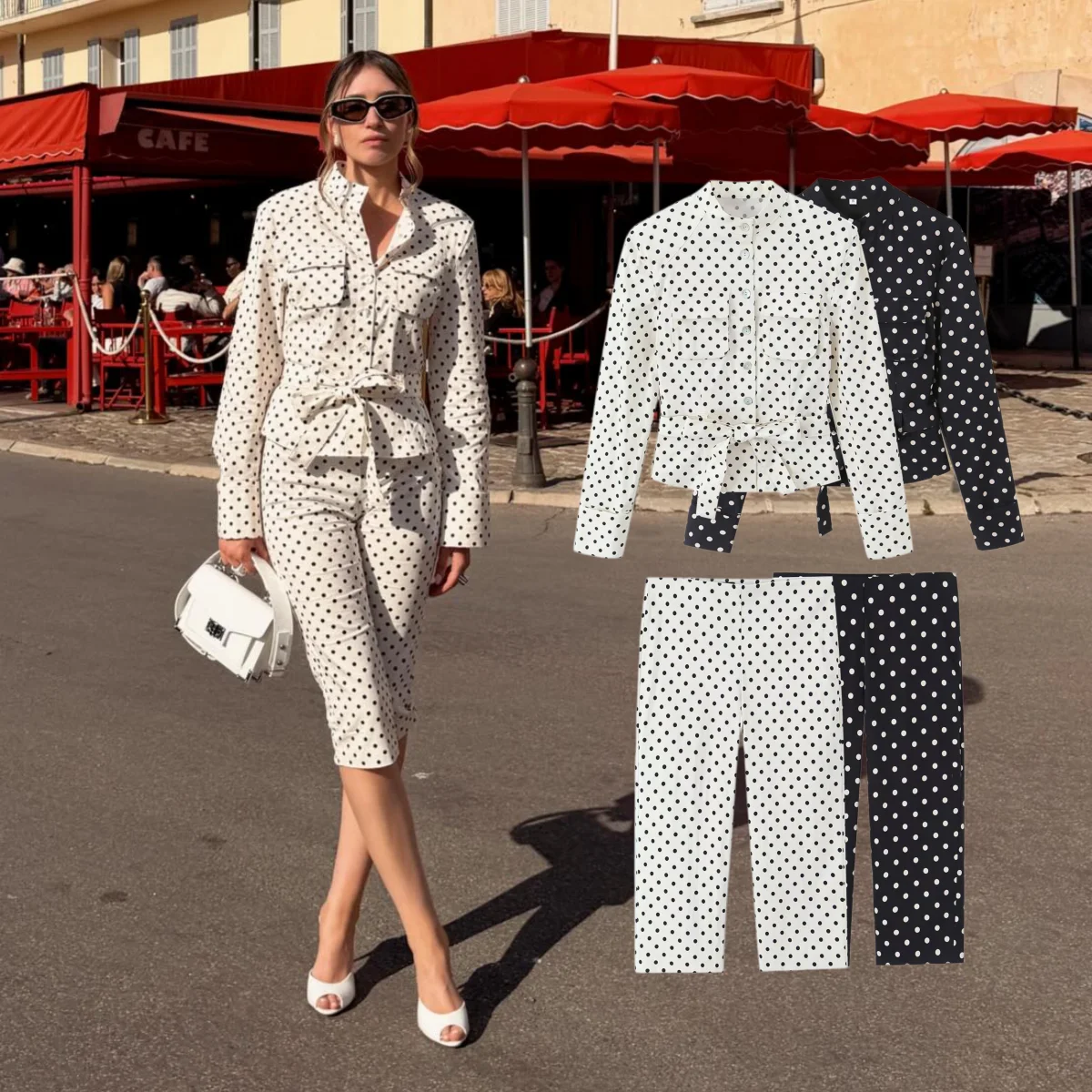 BSAY New  Women's Polka Dot 2-Piece Set Stand Collar Waist-Tie Long Sleeve Shirt Style Jacket Straight Pants Suit Office Wear