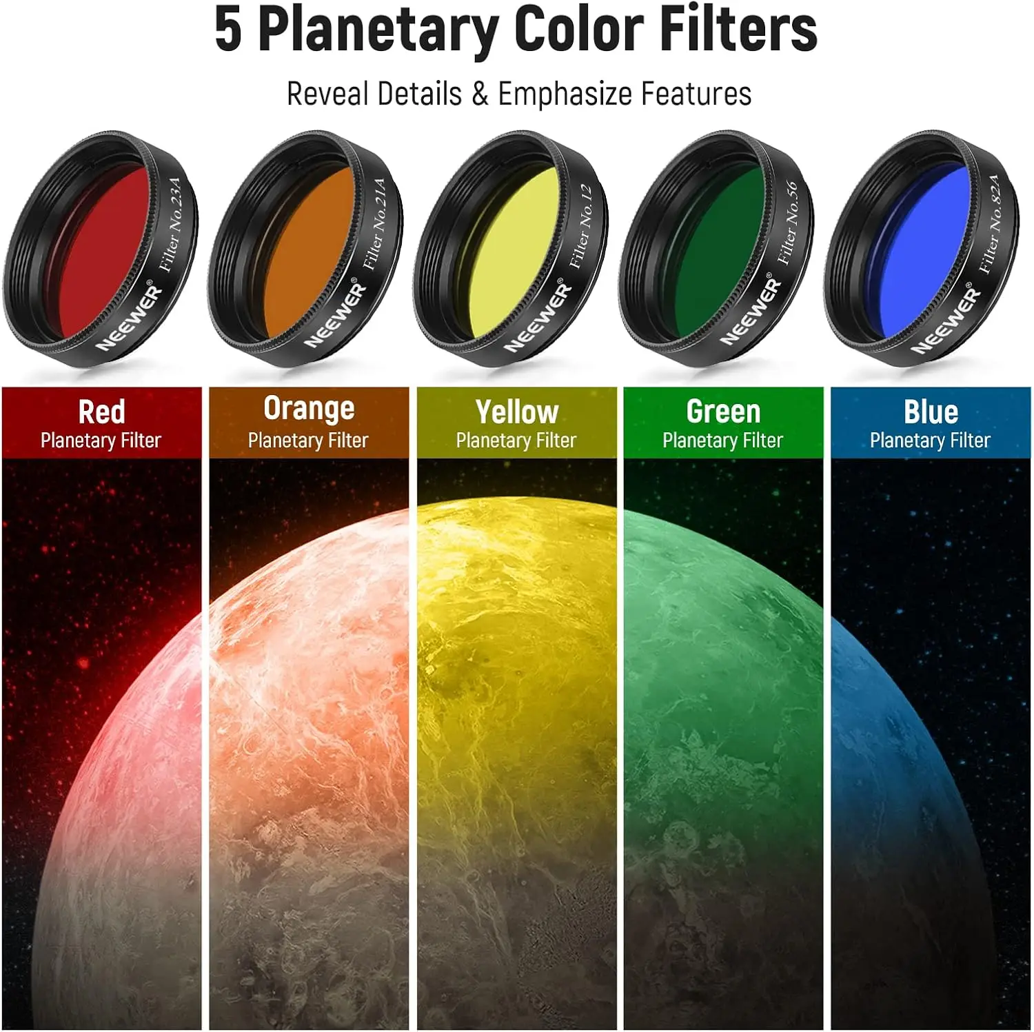 NEEWER 1,25 Zoll 10er-Pack Teleskop-Okularfilter-Set, 5 x Planetenfarbfilter, 2 x Variable Polarisationsfilter, 13% Mondfilter – Detail 2