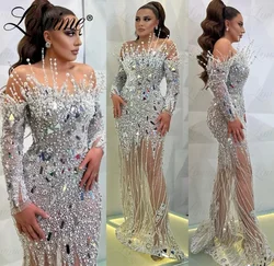 Customized Silver Crystals Full Beaded Off The Shoulder Evening Dress 2023 Illusion Mermaid Celebrity Dresses Arabic Party Gowns