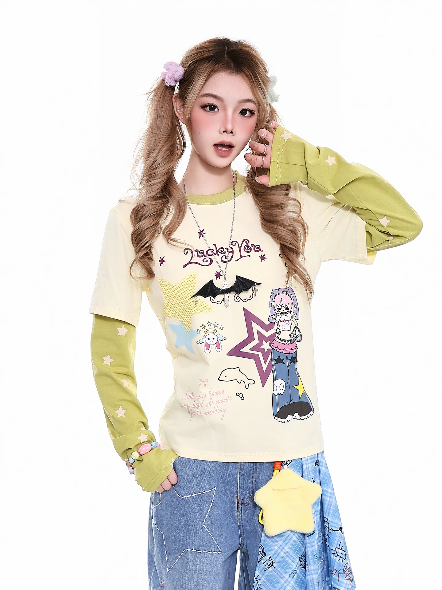 Orange Jelly Cartoon Character Long Sleeve T-Shirt Women's Loose Splice Y2K Top Spring Slimming Casual Streetwear