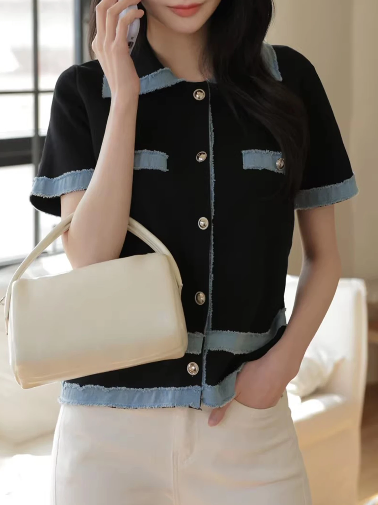 

Liangliang Summer New Style Small Fragrance Wind Turn-down Collar Gold Button Denim Patchwork Short Sleeve Knitted Sweater Op...